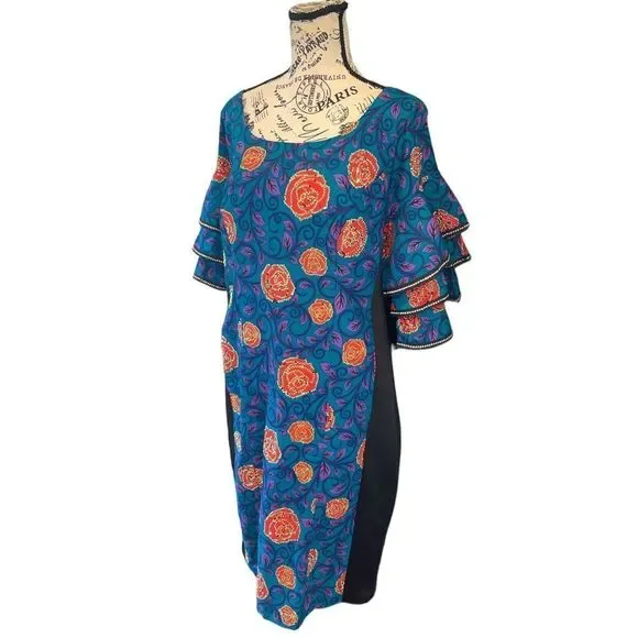 Zimbest Creations Dresses | Zimbest Creations Designer African Dress Rose Print Gold Studded Dress Size XL | Color: Black/Gold | Size: XL |
